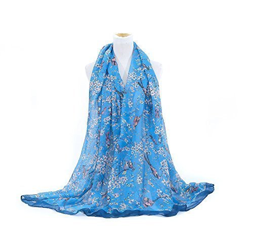 World of Shawls Japanese Cherry Blossom Bird And Floral Print Scarf Maxi Sarong Wrap (Blue)