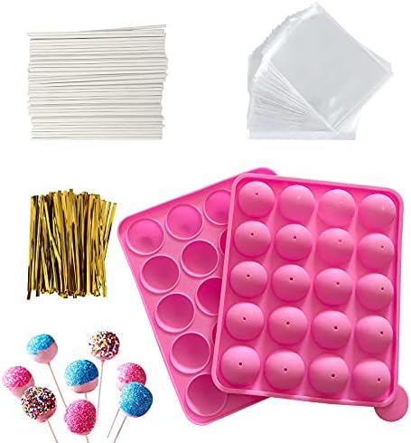 HYCSC 20 Cavity Silicone Cake Pop Mold Kits - Cake Pop Tray with 60pcs Cake Pop Sticks, Bags, Twist Ties, Great for Cake Pop Maker , Lollipop Mold, Cake Pop and Chocolate