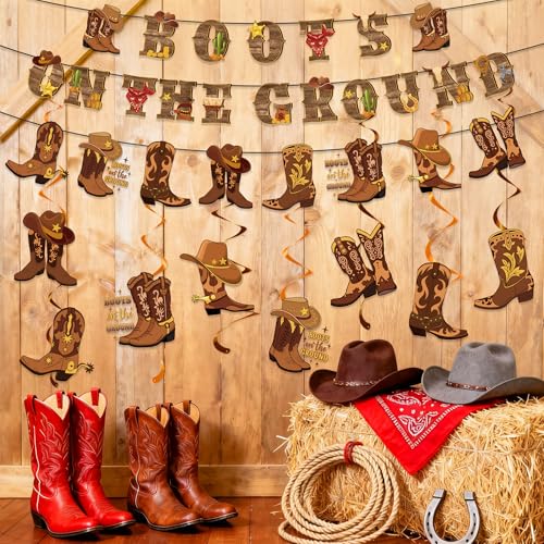 Image of Boots on the Ground Decorations Include Boots on the Ground Banners Hanging Swirls Western Cowgirl Theme Party Supplies