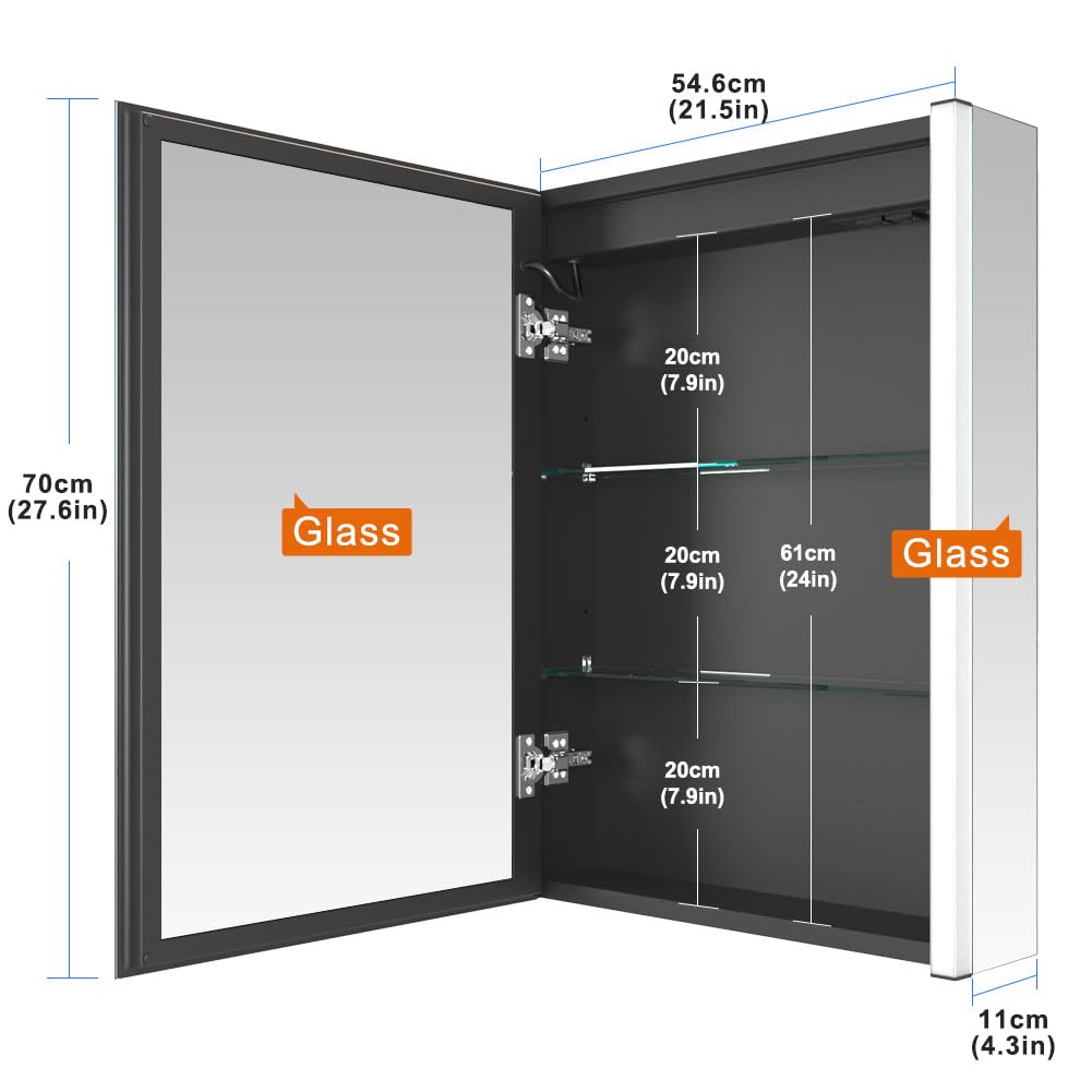 KWW LED Beleuchtetes Badezimmer Medizin Kabinett mit Spiegel, Farbtemperatur Einstellbar, Anti-Nebel Dimmbare Lichter, Steckdosen für USBs (Linkes Scharnier-55×70)