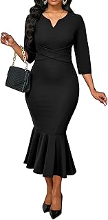 Elegant Dress for Women Sexy V Neck Long Sleeve Bodycon Midi Fishtail Dresses - Buy now