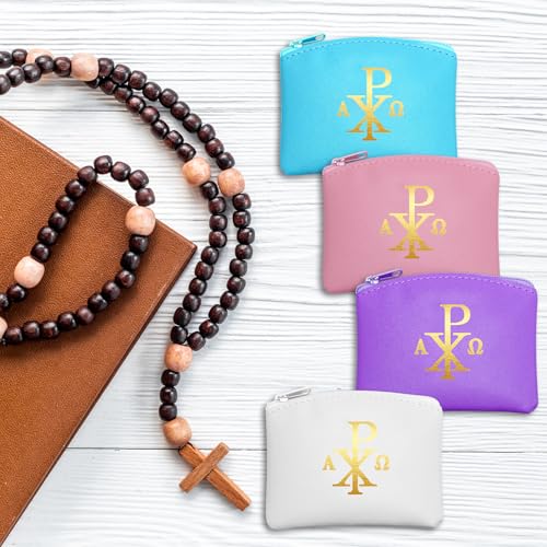 Image of Dansydaisy 4 Pcs Rosary Pouch Catholic with Gold Cross PU Leather Rosary Case for Women and Men Coin Purses Holder Zipper Bag for Travel Christmas, 4 Colors(Elegant Colors,Chi Rho)
