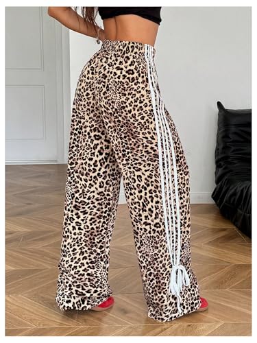 OYOANGLE Women's Leopard Print Striped Knot Side Trousers High Waist Straight Leg Baggy Pants3