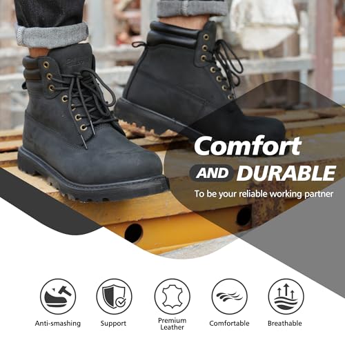 Image of Steel Toe Work Boots for Men, 6-Inch Non Slip Comfortable Leather Waterproof Industrial Construction Safety Workboots