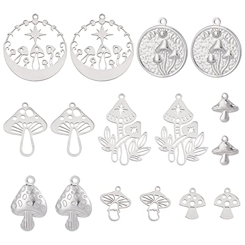 SUNNYCLUE 1 Box 16Pcs Mushroom Charms Stainless Steel Mushrooms Charms Tarot Style Double Sided Hollow Charm Flat Round Coin Metal Charms for jewellery Making Charm Earring DIY Craft Art Supplies