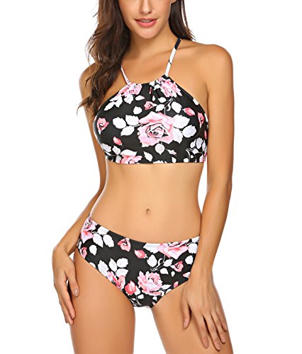 Damen Split Badeanzüge Blumendruck Streifen Bikini Neckholder Bademode Push up Swimsuit Zweiteilige Schwimmanzug für Sommer, Farbe: Blumen 2, Gr. XL/EU 46