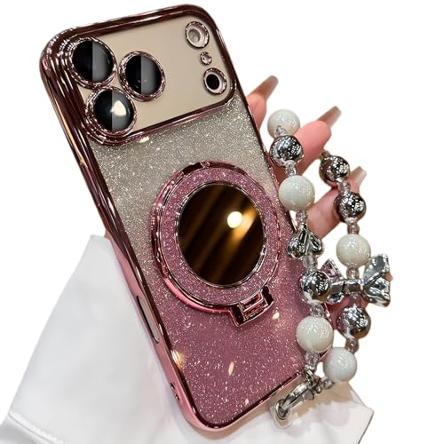 Sparkling Diamond iPhone 17/16/15/14/13 Pro Max Case with Mirror, Stand & Pearl Lanyard | Magnetic Kickstand Shockproof Fully En