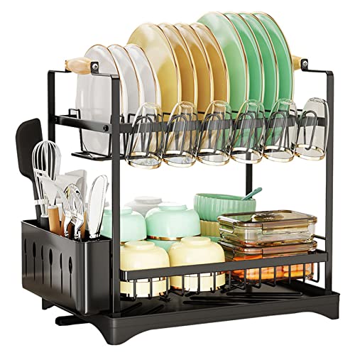 2 Tier Large Dish Drying Rack with Cutlery and Cup Holders Anti Rust Kitchen Counter Organizer for Various Kitchenware (Black)
