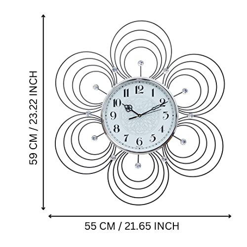 Image of CHRONIKLE Beautiful Floral Design Stylish Round Diamond Studded Crystal Metal Analog Wall Clock for Living Room Home Decor Office Gifts (Size: 55 x 5 x 59 CM | Color: Black | Weight: 1140 Gram)