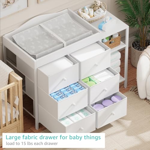 Image of BOLUO Baby Dresser with Changing Table Top, White Changing Table Dresser with 6 Fabric Drawers Diaper Changing Station with Storage Shelf for Nursery Modern