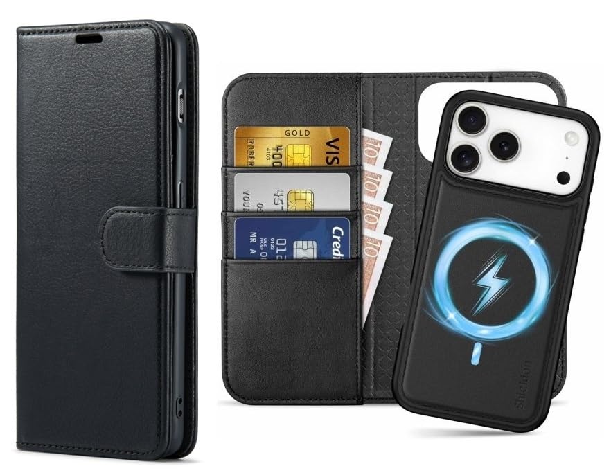 Image of WHITBULL Flip Case Detachable Leather Wallet Cover Removable 2 in 1 Smart Case for iPhone 17 Pro Max (Black)