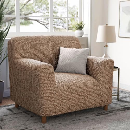 Image of Bellissima Sofa Covers - Premium Luxury Microfibra Plain Stretchable Sofa Cover Single Seater Fully Covered Slipcover, Imported from Italy (Cappuccino)