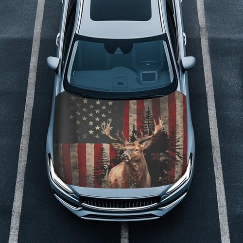 Image of Deer American Flag Hood Wraps for Cars Hood Wrap Protector Washable Car Hook Elastic Fabrics Can be Washed Hook Wraps