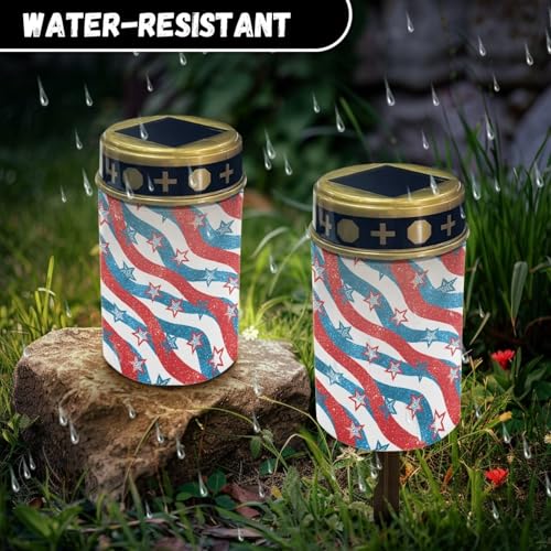 Image of Poceacles 4th of July Decor Stars and Stripes Outdoor Solar Lights Solar Grave Candle Outdoor 250th Independence Day Cemetery LED Candles for Cemetery Lawn Porch Outside Decoration, 6 Piece