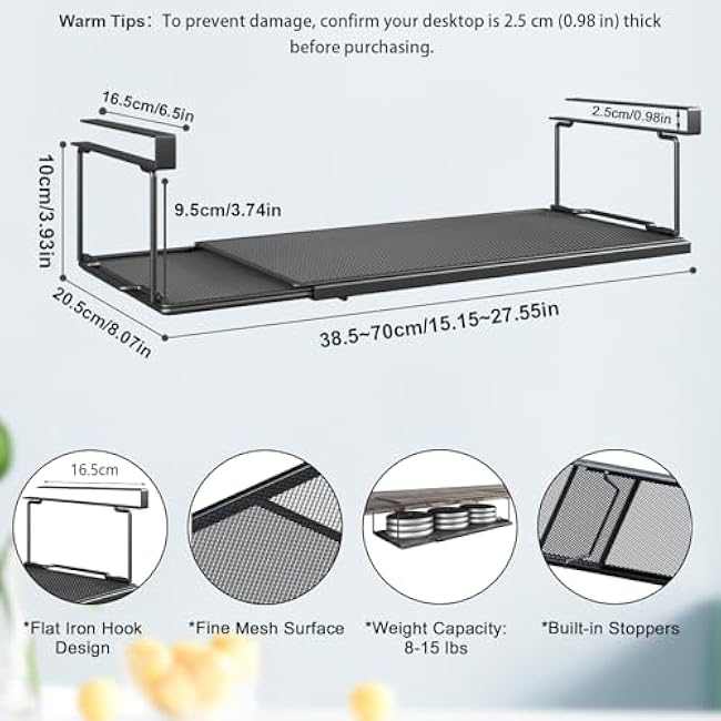 Expandable Under Cabinet Organizer, Under Shelf Basket, Metal Hanging Under Desk Basket for Laundry Room, Cabinet, Shoe Bench, Closet, Paper Plate Storage (Black - 2PCS)