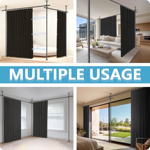 Image of JILRON No-Drill Room Divider Curtains Set: Includes 106 inch W x 84 inch L Black Curtain 2-Panel & Adjustable Pole Brackets (72-200 inch W x 43-120 inch H Adjustable Range)