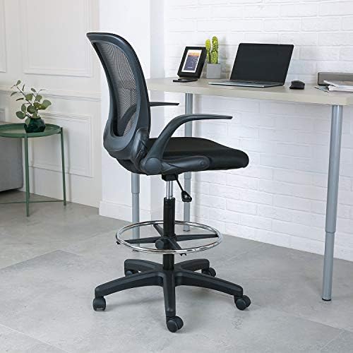 YOUNIS Drafting Chair with Black Fabric Seat, Adjustable Armrest and Foot Ring, Black Breathable mesh backrest, Reception Desk Chair, Tall Office Chair