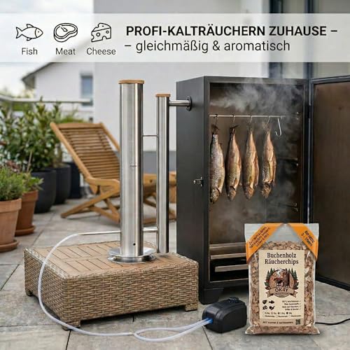 OK4Y Kaltrauchgenerator XXL 70 cm aus Edelstahl, 4,3 L – Kalträuchern für Räucherofen, Smoker & Grill – für Fisch, Fleisch, Käse & Wurst – Stand- & Wandmontage, Filter (70 cm Standmodell + Filter)
