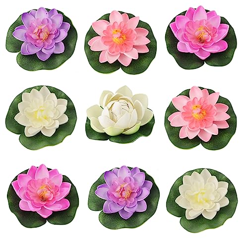DINGFENG 9Stück Schwimmende Blumen, Seerose Lotusblüte, Künstliche Seerosen, Seerose Blume Dekor, Schaum Teichrose, Schwimmend Seerose,...