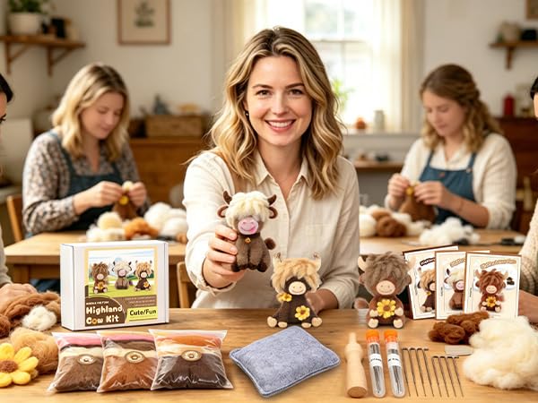 Image of Yizzvb Needle Felting Kit, Highland Cow Family Needle Felting Kits for Beginners Adult with Instruction, Wool, Felting Needles, Felting Pad, Wool Felting Kits for Beginners DIY Home Decoration