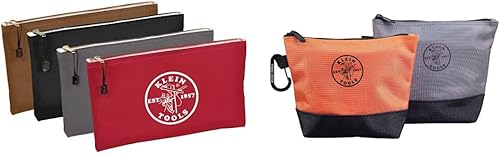 Klein Tools 5141 Bolsa de lona con cremallera, 12.5 x 7 pulgadas, marrónnegrogrisrojo, paquete de 4 y bolsa de utilidad 55470, bolsas de