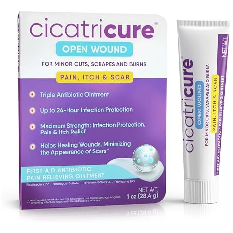 Cicatricure Open Wound Triple Antibiotic Ointment with Pain Relief, First Aid Antibacterial to prevent infection and relieve pain of minor cuts, burns and scrapes. Topical Antibacterial Ointment -1 oz Cover