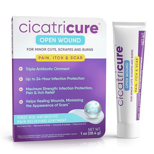 Cicatricure Open Wound Care, First Aid Antibiotic Ointment Pain Relief, Effective Relief for Minor Cuts, Scrapes, Burns, Itch, and Scars, Triple Antibiotic Ointment with Bacitracin, 1 oz, Pack of 1