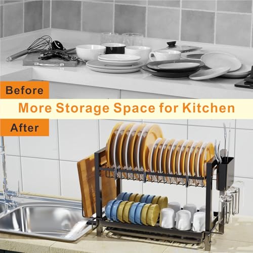 Yexati 2 Tier Dish Drying Rack,Large Capacity Dish Drainer,Kitchen Dish Rack With Utensil Organzie,Dish Drainer Rack With Cutting Board Holder,Plus 3 Hooks,Black - Image 4