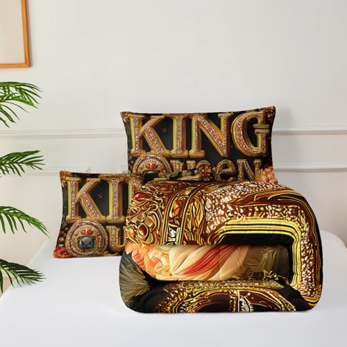 Image of King and Queen Comforter Set Black and Gold,King and Queen Bedding Set,Red Floral Quilt Set King Size,with 1 Comforter with 2 Pillow Case