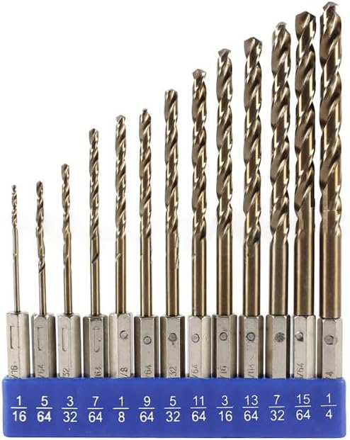1/16''-1/4'' 13pcs Cobalt Hex Shank Drill Bit Set Used for Stainless Steel, Metal, and Wood,Come with a Silicone Holder