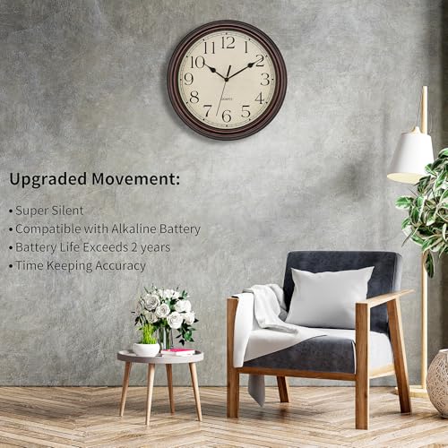 Image of Foxtop 14 Inch Wall Clock Battery Operated Silent Non-Ticking Round Classic Vintage Retro Wall Clock Decorative for Living Room Kitchen Home Office (Bronze)