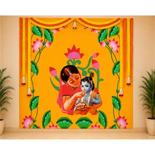 Image of Sri Yagnaa - Backdrop Cloth for Pooja Decoration Traditional - M 23 - Background Curtain Cloth for Festival Decoration (5x8 Ft) (Yashoda Krishna Annaprashan Backdrop)