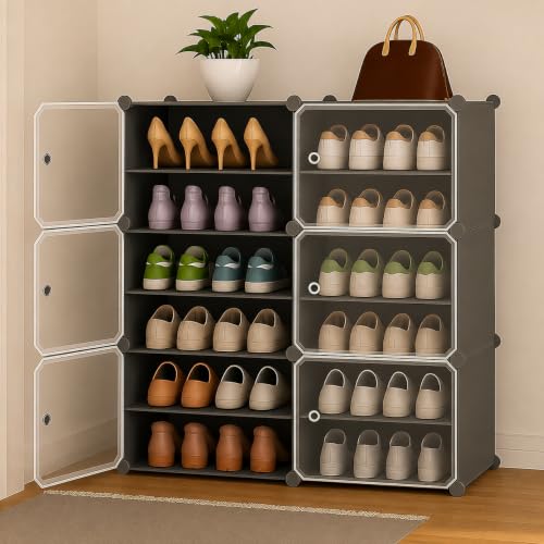 Image of Plastic Shoe Rack for Home with Door | 12-Shelf DIY Shoe Cabinet Organiser | Stores 6 Pairs | Foldable & Waterproof Shoe Stand for Entryway, Bedroom (Grey, 6-Door)