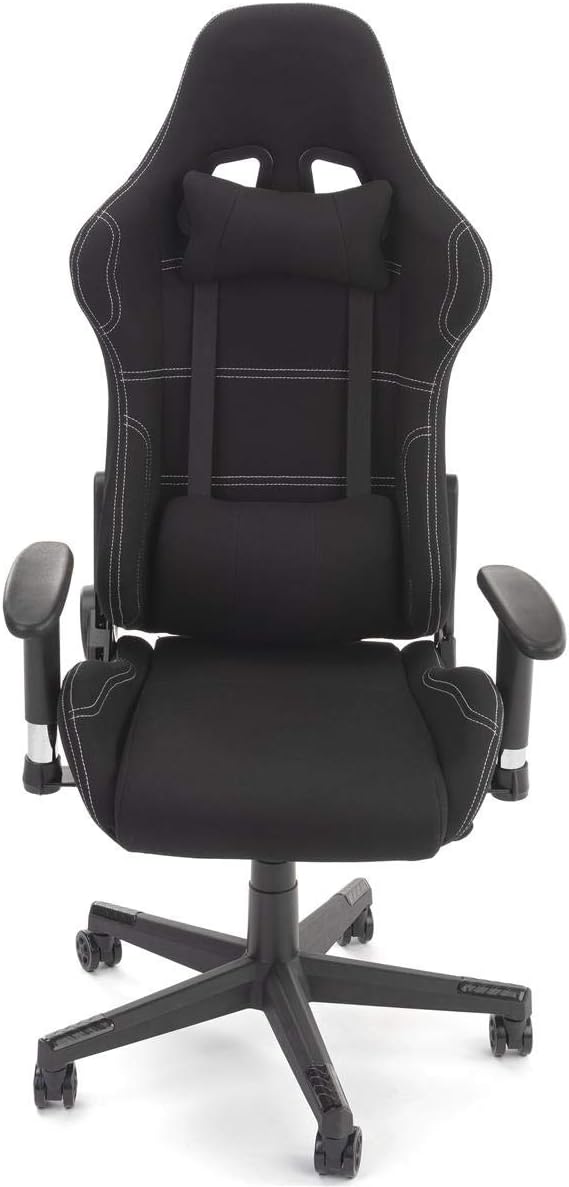 Displays2go Racing Style Gaming Chair for Office and Home Desk, Ergonomic Adjustments and Lumbar Support Pillow, Fabric Seat - Black (FDGAMECHGY)