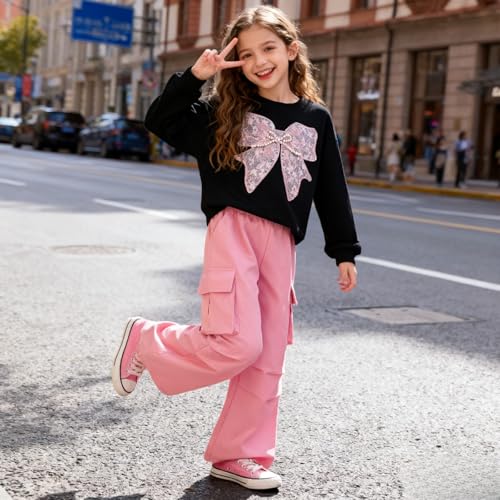 Image of Girls Clothes 2 Piece Cute Butterfly Sweatshirt & Flared Pants /Cargo Pants Winter Outfits for Teen Girls 7-14Y