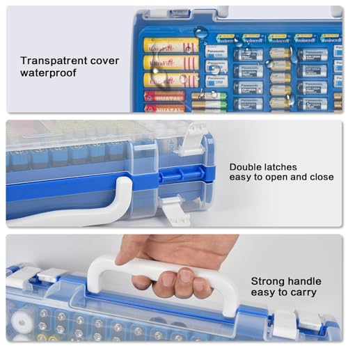 Battery Organizer Storage Holder Case with Double-Sided, Garage Box with Tester Checker. Batteries Container for 269pcs AA AAA AAAA 3A 4A 9V C D Lithium 4LR44 CR2 CR123A CR1632 CR2032 18650 - Blue