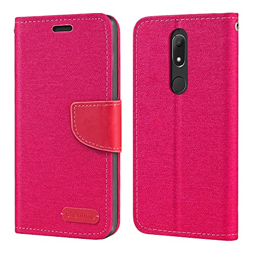 Étui Portefeuille en Tissu Oxford et Cuir PU Compatible avec Wiko View Prime, Coque Robuste avec Rabat Magnétique et Fentes Cartes (Rouge Rose)
