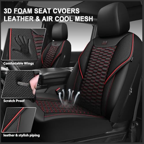 Image of CAR PASS 3D Foam Mesh Leather Car Seat Covers Full Set,Breathable Mesh Faux Leather Seat Covers for Car,Universal Fit for SUV Truck Sedan Automotive, Armrest Airbag Compatible,Black and Red