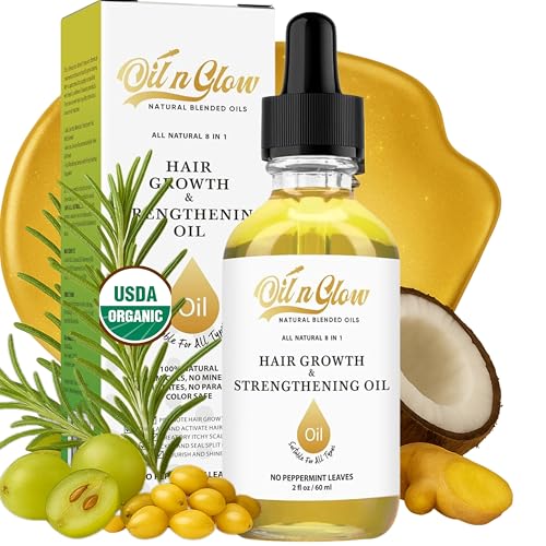 OilnGlow USDA Certified Organic 8 in 1 Natural Hair Growth Serum & Strengthening Oil with Rosemary, Castor, 100% Vegan Jojoba, Coconut, Grape Seed, Ginger & Scalp DHT Blocker Peppermint Oil -2 FL