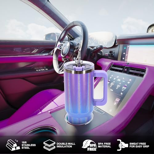 Image of 30 oz Shiny Tumbler with Handle and Straw,Stainless Steel Tumbler with Lid and Straw,Insulated Travel Mug(Cold for 34 Hours),Water Bottle for Iced Tea,Coffee (Purple)