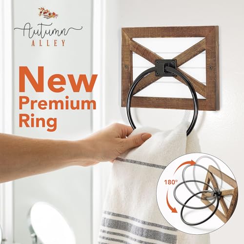 Autumn Alley Farmhouse Decor Hand Towel Ring for Bathroom - Coastal Towel Holder/Rack, Wall Mounted, Mix of Wood, Unique Shiplap & Black Ring - Image 4