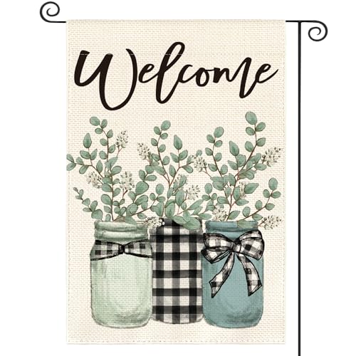 AVOIN colorlife Eucalyptus Mason Jar Spring Summer Garden Flag 12x18 Inch Double Sided Outside, Buffalo Plaid Welcome Yard Outdoor Flag
