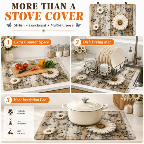 Image of Rustic Daisy Stove Top Cover, 28x20 inch Rubber Cooktop Mat