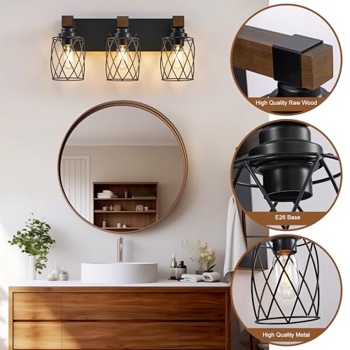 Image of Farmhouse 3-Light Wood Bathroom Vanity Light, Black Metal Cage Shade | Mounted Over Mirror, Industrial Rustic Style, Ideal for Bathroom, Bedroom, Hallway & Living Room, Easy To Install