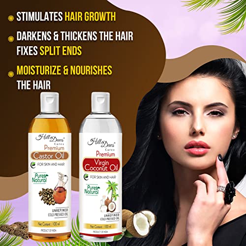 Image of Castor oil (100 ml) and Virgin Coconut oil (VCO)(100 ml) Combo - Cold Pressed - Moisturizes the Skin and Promotes soft and Shiny Hair