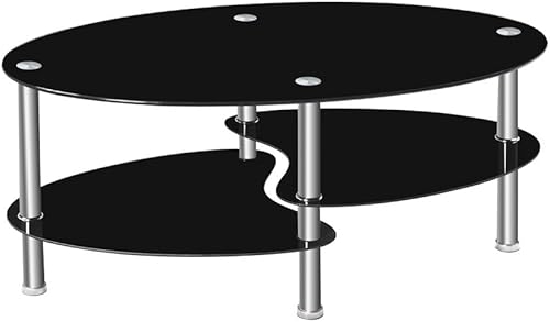 Mesa de centro de cristal de 2 niveles, mesa de centro de vidrio templado, mesa central moderna rectangular mesa de té ovalada de vidrio con estante