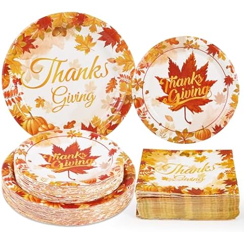 YUZUHOME 200PCS Thanksgiving Paper Plates and Napkins, Fall Maple Leaves Dessert Plates, Thanksgiving Party Disposable Dinnerware Set (50 Dinner Plates 50 Dessert Plates 100 Napkins) Cover