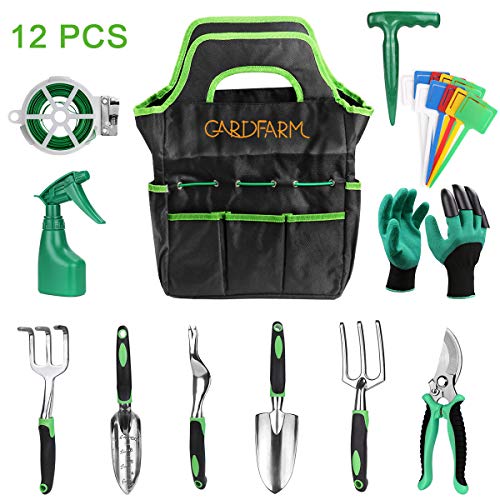 Garden Tool Set 12 Piece Heavy Duty Garden Tool Kit for Planting Aluminum Outdoor Garden Hand Tool with Garden Gloves Garden Tote Bag Weeder and Hand Trowel Gardening Tools Set Gift for Women Men