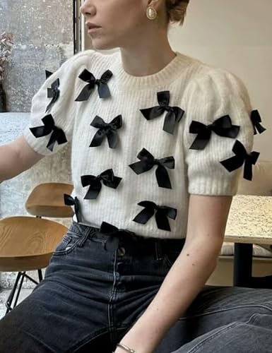 Image of Women's Sweaters Knitted Crewneck Puff Bubble Short Sleeve Pullover Tops Casual Bow T Shirts Chic Blouses