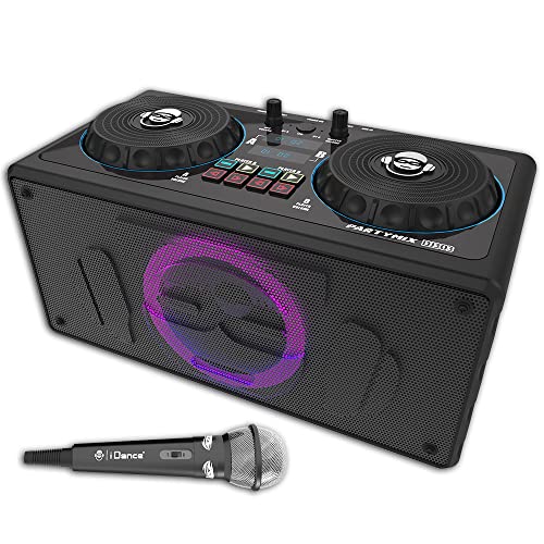 iDance DJ303 PARTYMIX - Altavoz portátil DJ y karaoke de 200 vatios Bass Reflex - Mezclador de audio y platinas de volumen - Micro con cable incluido - Juego de luces de disco - Recargable y portátil